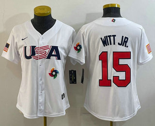 Women%27s USA Baseball #15 Bobby Witt Jr 2023 White World Classic Replica Stitched Jersey